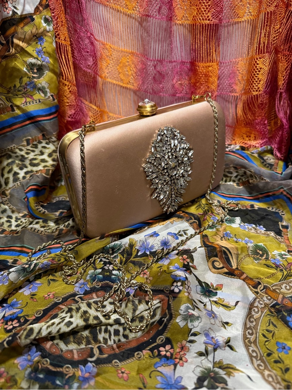Badgley Mischka Satin Clutch with Crystal Brooch and Chain from Sony pictures